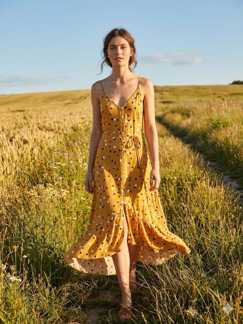 Kivari Yellow Polka Dot Button-Down Midi Dress - Hi-Low, Tied Waist small
